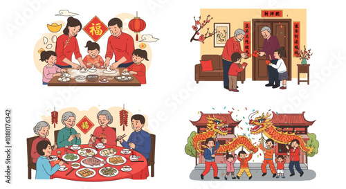 Vibrant Chinese New Year celebration scenes with happy families and dragon dance