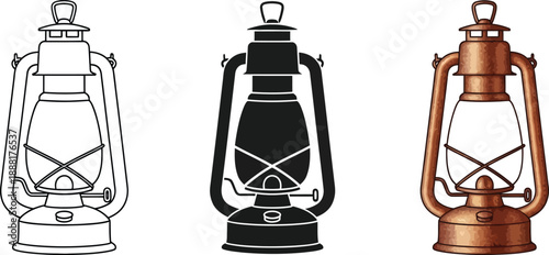 Collection of vintage kerosene lantern illustrations including outline silhouette and copper styles perfect for historical themes or rustic decor