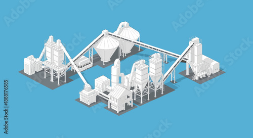Isometric illustration of a modern industrial complex with silos and conveyor belts against a blue background.
