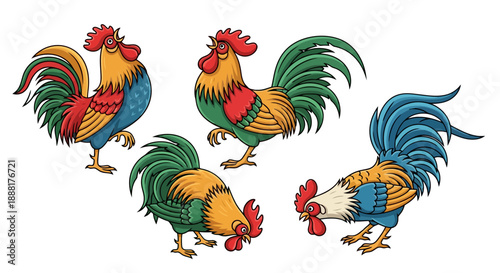 Vibrant roosters in various poses on white background