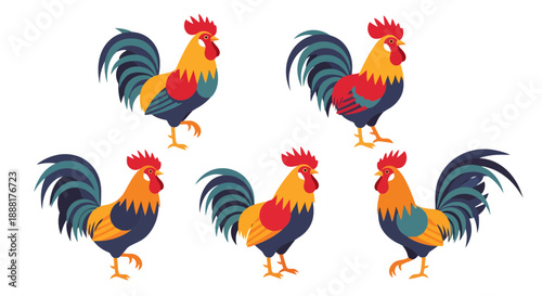 Vibrant roosters in various poses on white background