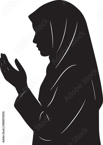 Silhouette of a woman wearing a hijab praying with hands up