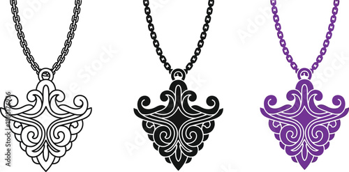 Collection of ornate pendant necklace designs featuring intricate scrollwork in black white and purple vector illustrations for jewelry branding and fashion