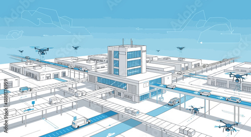 Futuristic smart city illustration depicting autonomous vehicles and drones operating in a connected urban environment.