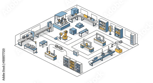Isometric view of a modern automated factory floor with robotic arms, assembly lines, and storage systems.