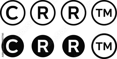 Copyright trademark and registered symbol icons in black and white circles Keywords: copyright symbol, C in circle, registered