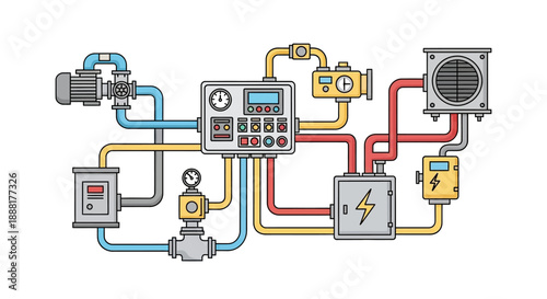 Complex industrial control system with pumps, valves, gauges, and electrical components, illustrating a sophisticated automated process.