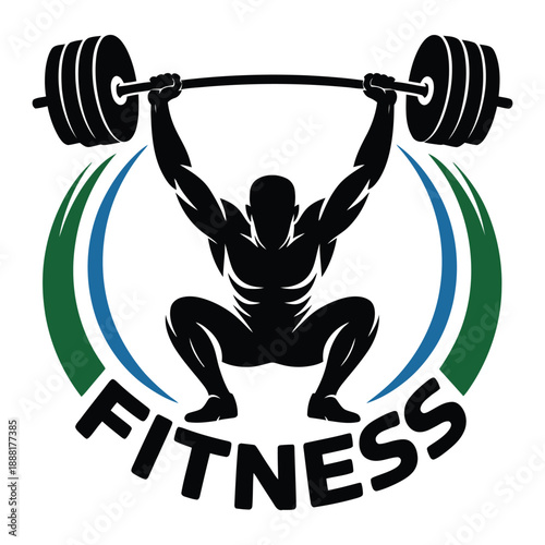 Strong fitness logo with weightlifter and barbell