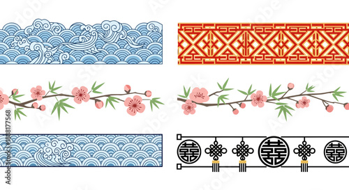 Vibrant traditional Asian decorative borders and floral patterns