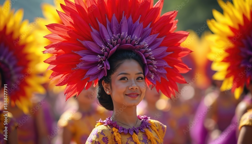 Fototapeta premium Young woman wears vibrant flower headdress. Festival parade features dancers in colorful floral attire. Celebrations with traditional Filipino costume and bright petals.