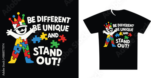 Colorful Puzzle Piece Character T-Shirt Design. tshirt, clothing, apparel, fashion, design, graphic, print, text, message,.