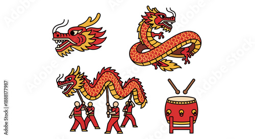 Vibrant dragon dance performance with drummers and mythical creatures