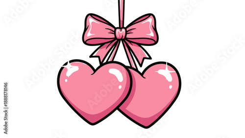 Vibrant pink hearts with bow on cream background for Valentine's Day