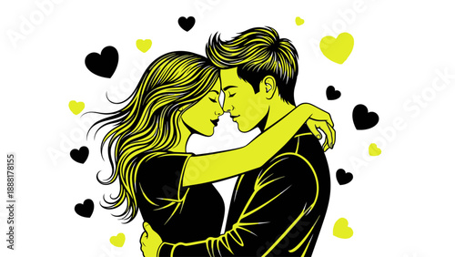 Couple embracing with love hearts surrounding them