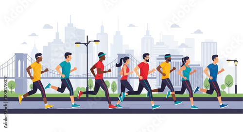 Diverse group of people running together in a city marathon.