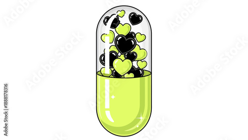 Vibrant hearts fill a bright green medical capsule
