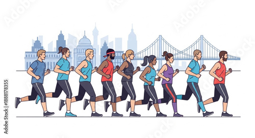 Diverse group of people running together in a city marathon.