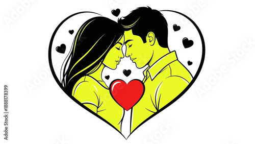 Loving couple sharing romantic kiss surrounded by hearts