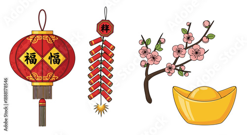 Vibrant Chinese New Year decorations and cherry blossoms with gold ingot