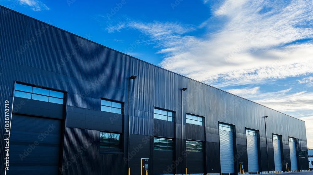Obraz premium Modern steel warehouse with office and parking for industrial logistics and delivery services in urban area