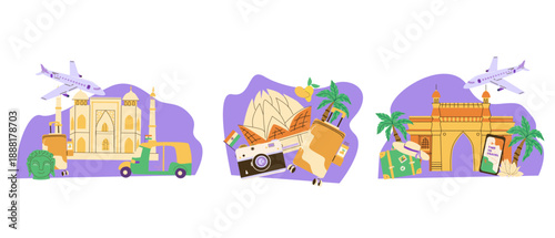 Cartoon India travel concept illustrations set with famous landmarks. Summer vacation tourism concept. Taj Mahal, India Gateway and Lotus temple.