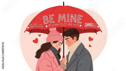 Couple sharing romantic moment under Valentine's Day umbrella