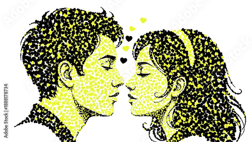 Romantic couple sharing tender moment with hearts