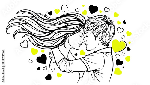 Couple sharing tender kiss surrounded by hearts