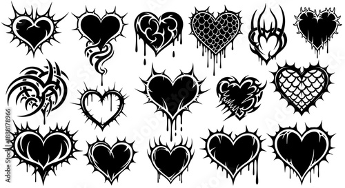 Collection of black heart icons with various designs and styles.