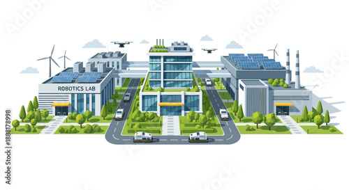 A futuristic smart city campus featuring sustainable architecture, renewable energy sources, autonomous vehicles, and advanced robotics.