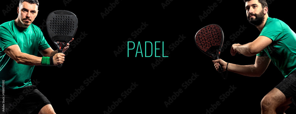 Fototapeta premium Two professional padel players with rackets on fire background. Open social tournament template.