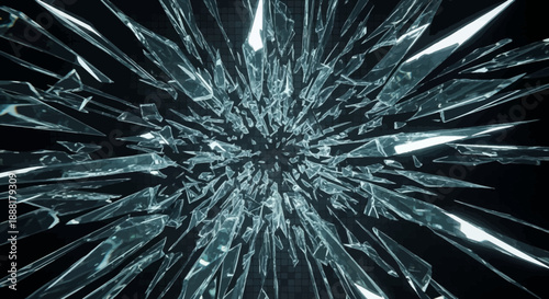 Shattered Glass Fragments Exploding Outward in a Radial Pattern.
