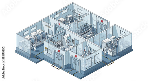 Isometric illustration of a modern cleanroom facility with multiple interconnected laboratory spaces and advanced equipment.