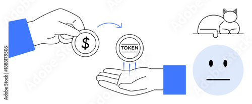 Blockchain technology, digital currency, finance transactions, token economy, financial exchange, cryptocurrency. Hand exchanging dollar coin for token. Blockchain and digital currency concepts