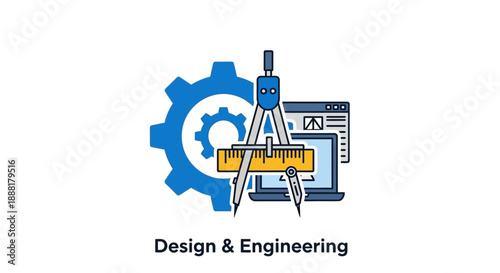 Illustration of design and engineering elements including a gear, laptop, and drafting compass.