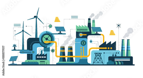 Illustration of a modern industrial complex integrating renewable energy sources like wind turbines and solar panels with traditional factory structures.
