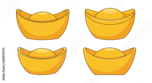Golden ingots arranged in two rows on white background