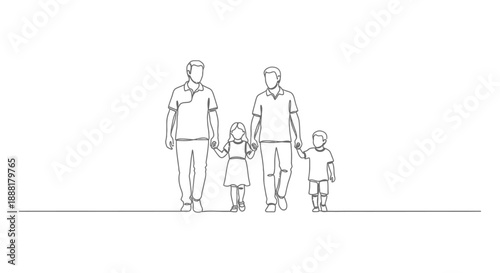 lgbt family walking with two children minimalist line art representing modern inclusive parenting diversity and social acceptance.