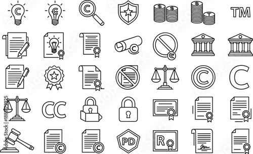 Intellectual property and legal rights icons set copyright trademark patent law vector illustration
