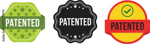 Three patented labels in green black and red with star and check mark designs badge seal