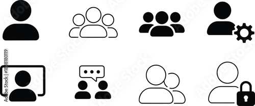 User Account and Team Management Icons with Settings and Security Symbols people group