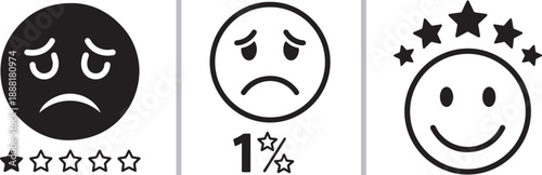 A black and white vector set of user experience icons including sentiment faces, star ratings, and thumbs up or down gestures, designed for customer feedback and quality evaluation systems.