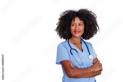 Bild auf Leinwand Confident african american female nurse with stethoscope wearing scrubs smiling