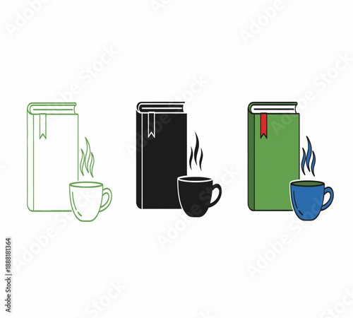 Three variations of a book and coffee cup illustration in different color schemes