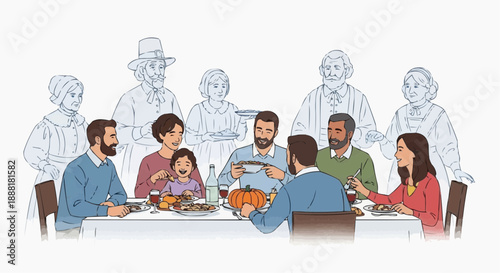 A multi-generational family gathers for a holiday feast, sharing a meal with transparency ghosts of ancestors watching over them