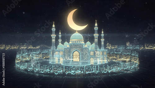 Futuristic metaverse Ramadan concept with holographic mosque and crescent moon, digital Islamic style, dark background, no people, stock illustration