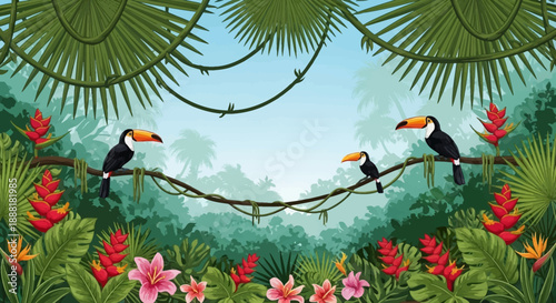 Toucans perched on a branch in a lush tropical rainforest.