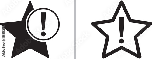 Black and white vector icons of stars featuring exclamation marks. These symbols represent rating alerts, important quality notices, featured highlights, or critical feedback in a UI system.