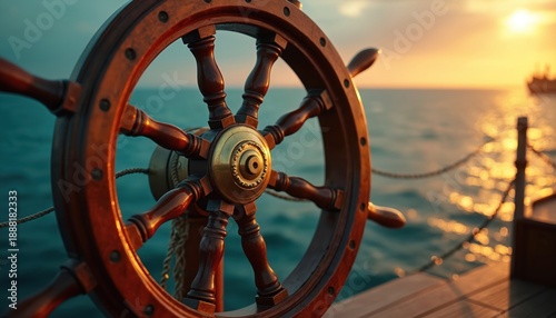Wooden ship wheel turns on ocean during golden sunset. Nautical captain steers vessel at sea. Maritime adventure voyage on water. Marine transport journey direction. © Maryna