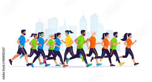 Diverse group of people running together in a city marathon event.